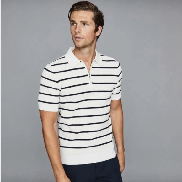 Reiss Andrew Striped Zip Neck Polo Shirt Size Medium - Picture 1 of 12
